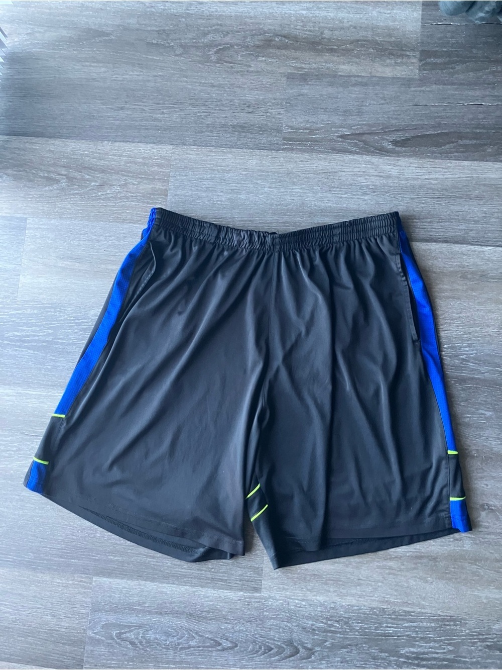 Avia Black Athletic Shorts with Blue Panels and Neon Accents